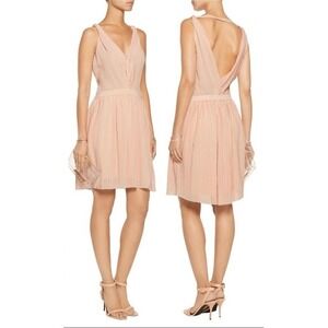 Maje Frasera Pleated V-Neck Mini Dress Light Pink Leather Trim Size 40 / US L